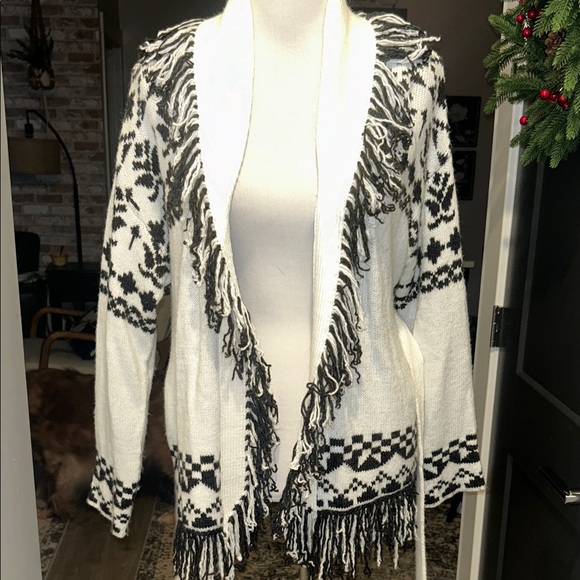 Blu pepper S Black off White Patterned cardigan fringe tie Sweater - Picture 4 of 9